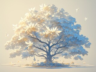 Obraz premium Majestic tree with a mix of gold and white leaves in a serene ambiance