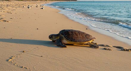 Sea Turtle on Sandy Beach - A large sea turtle crawls on a sandy beach towards the ocean, leaving tracks in the sand. Birds are visible in the background