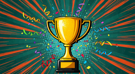 A vibrant, energetic comic book style illustration. A highly polished gold trophy, rendered in smooth, three-dimensional style with black outlines, sits on a black base. Vector illustration