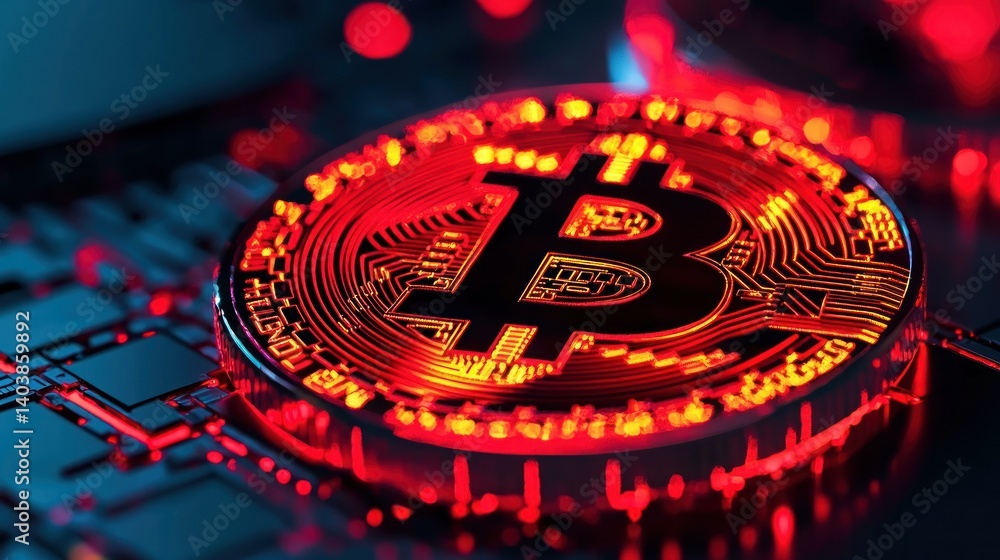 Poster illuminated cryptocurrency symbol is centered atop a circuit board surface