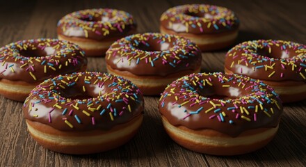 Seven donuts with brown glaze and sprinkles on a wooden surface.
