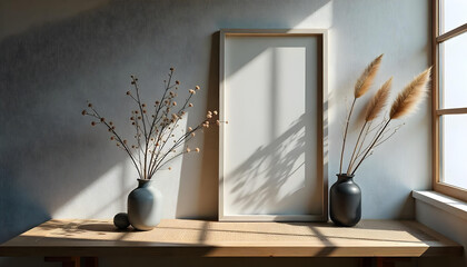 A minimalist interior scene with a framed artwork, vases of dried plants, and sunlight.