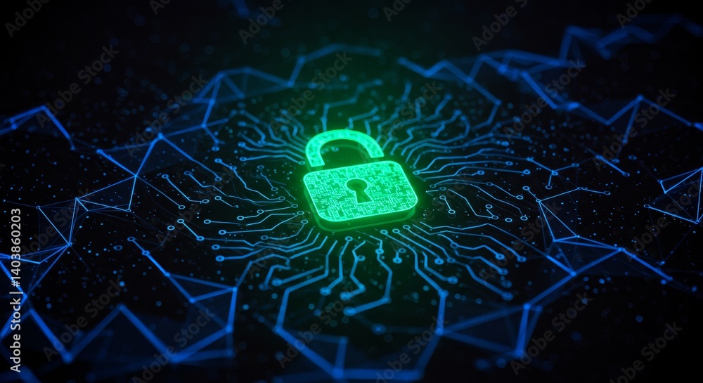 Poster security lock system - glowing green padlock on a circuit board background, symbolizing security and