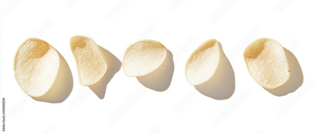 Poster crisp potato chips arranged in a row on a clean white background with natural light casting soft sha