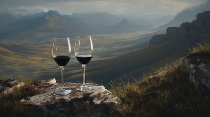 Two glasses of red wine on a mountaintop vista.