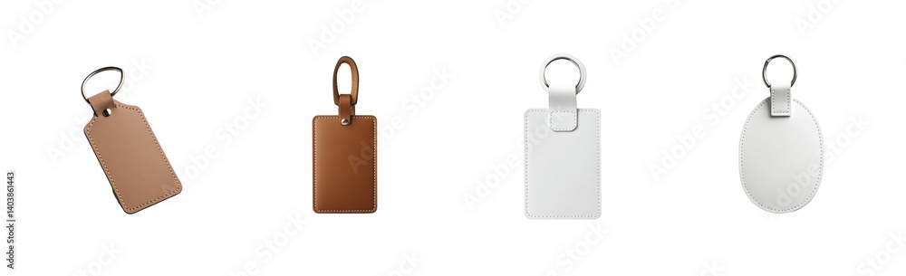 Poster four leather keychains in various shapes include round and rectangle designs