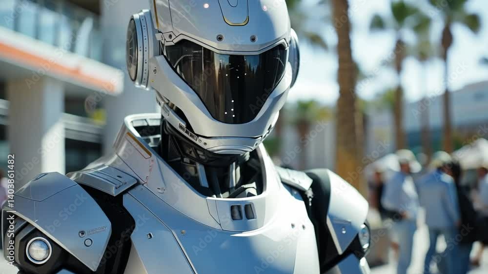 Poster a sleek humanoid robot stands in the foreground, attracting attention from a diverse crowd. the even