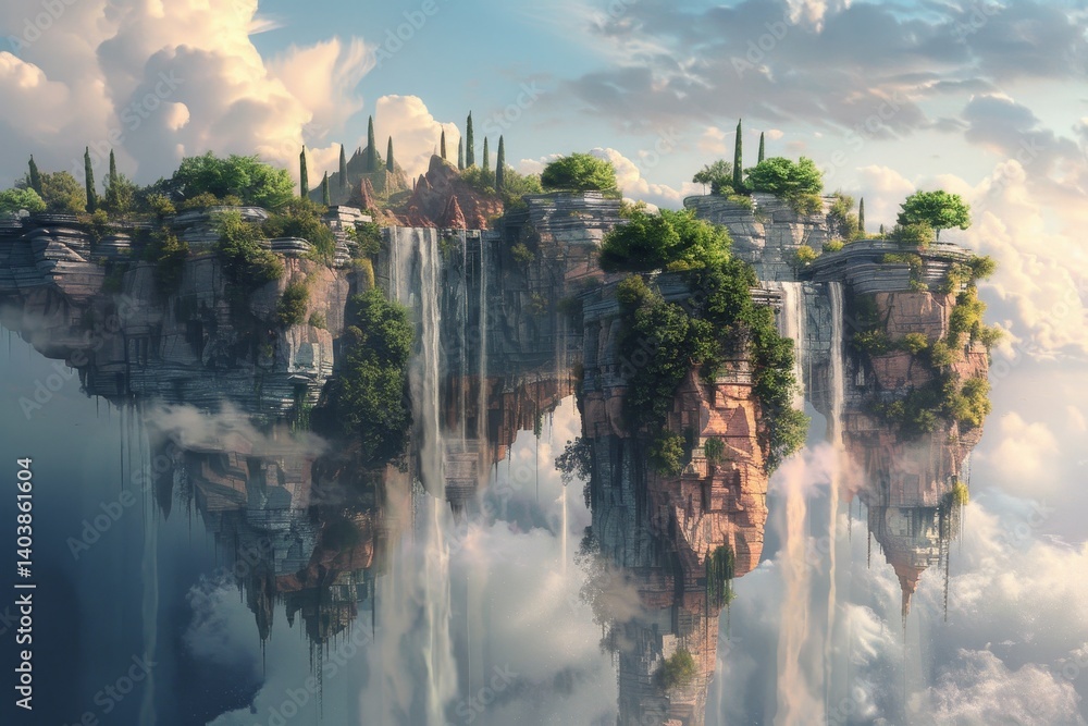 Poster a digital painting of floating islands in a surreal dreamscape with waterfalls flowing from the clif