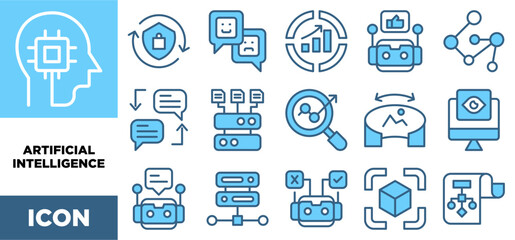 ARTIFICIAL INTELLIGENCE  icon set vector concept illustration. Containing icon of Security, Technology, Chart, Web, Alphabet, Database, Game, Computer,