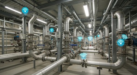 Smart Waterworks: IoT Pipeline System Control - Modern water infrastructure, interconnected pipes, IoT sensors, data-driven efficiency, sustainable resource management