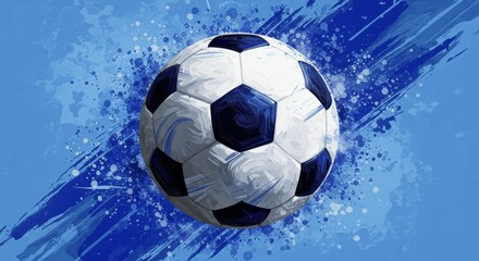 Naklejka premium Soccer Ball on Blue Splash Background - Close-up of a soccer ball against a dynamic blue paint splash backdrop. Perfect for sports, athletic, and competition themes
