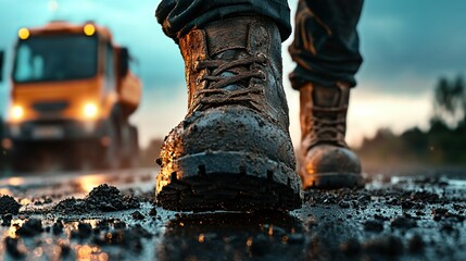 Muddy Work Boots Stomping On Wet Pavement Close Up