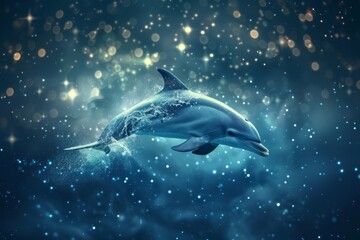 Fototapeta premium A single dolphin leaps through turquoise water, illuminated by sparkling topaz lights, An ethereal image of a dolphin surrounded by sparkling stars in the night sky