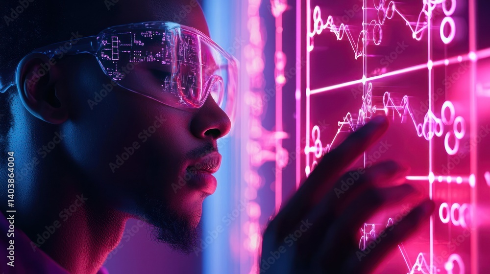 Poster a man using futuristic technology to analyze data on screen