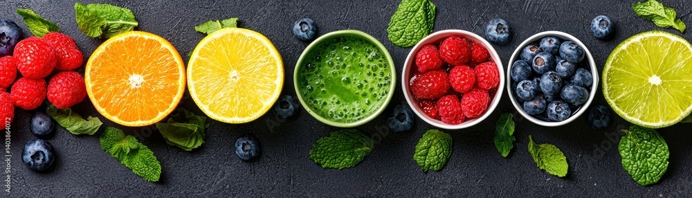 Poster an array of fresh fruits and green juice on a dark surface