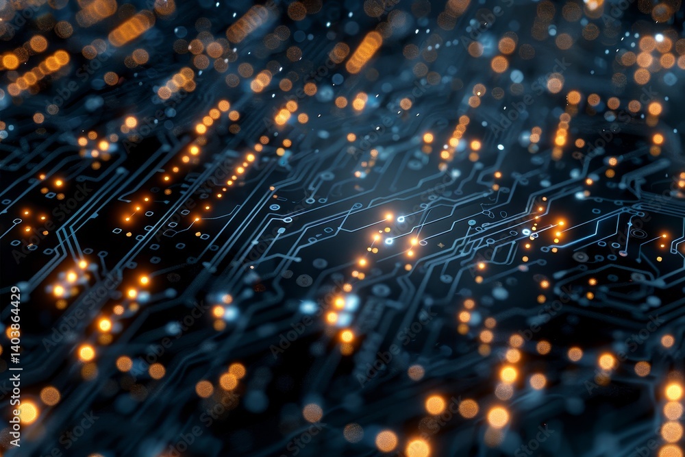 Poster a detailed image of a circuit board with intricate patterns and glowing lights, intricate circuit bo