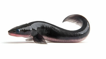 Dark Aquatic Animal with Long Body and Fins on White Background