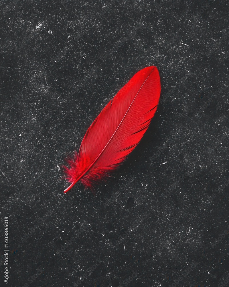 Poster vibrant scarlet feather resting on a textured dark surface creating a striking contrast and minimali