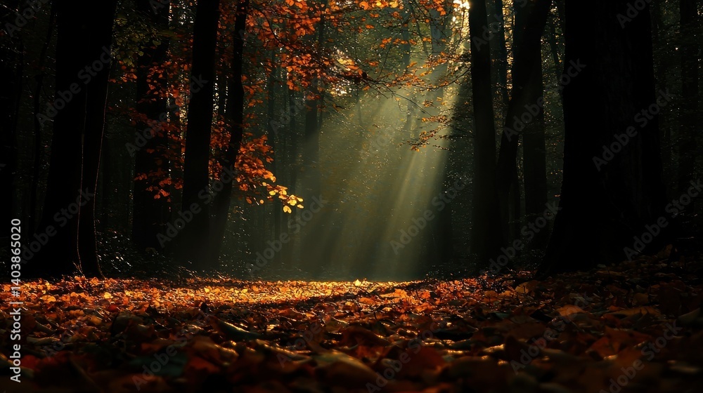 Poster sunlight filtering through trees illuminating fallen leaves on the forest floor