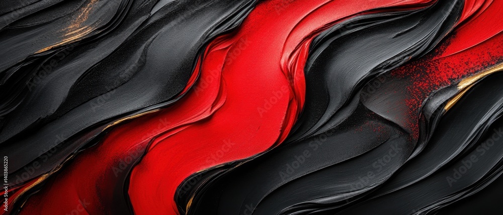 Poster striking interplay of black and red paint strokes creating a dramatic abstract texture with golden a