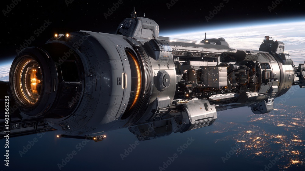 Poster a detailed view of a futuristic spaceship floating in space