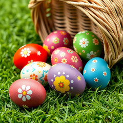 Fototapeta premium Colorful decorated eggs arranged on green grass near a wicker basket with fairy lights during a festive spring celebration