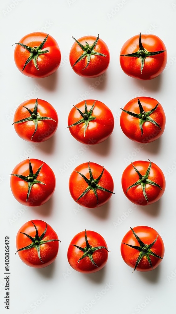 Poster twelve fresh red tomatoes arranged in a grid pattern on a white surface creating a clean and vibrant