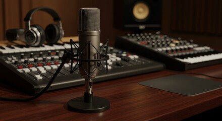 Studio Recording Setup - High-quality microphone, headphones, and mixing console on a dark wood desk, ideal for music production or podcasting