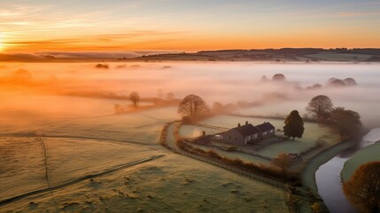 Fototapeta premium Serene Sunrise over Foggy Valley with Farmhouse