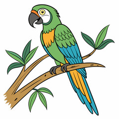 Cute Cartoon Parrot Clipart: Colorful Green Blue Yellow Bird on Branch