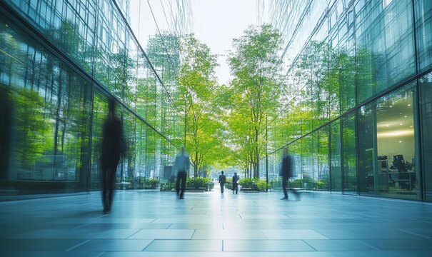 Glass office and working space with blurred people walking fast movement, Eco-friendly featuring sustainable building with green environment and trees, green environment in city, Generative AI
