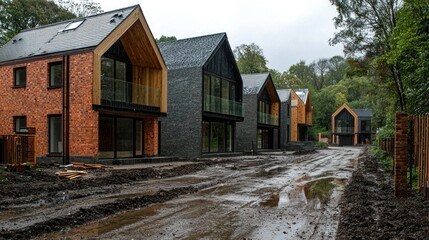Modern newly constructed homes sitting on a muddy driveway on a gloomy day