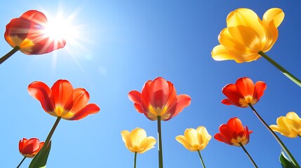 Obraz premium Sunlit tulips, spring sky, vibrant colors