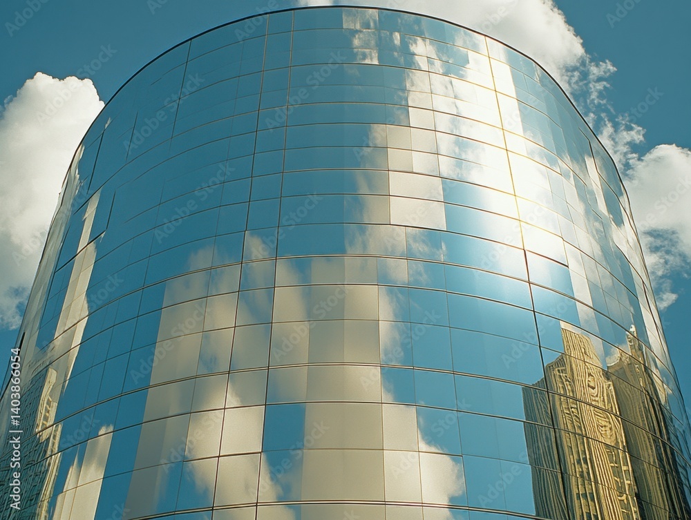 Poster modern architecture reflected in glass facade with blue sky and white clouds creating a dynamic visu