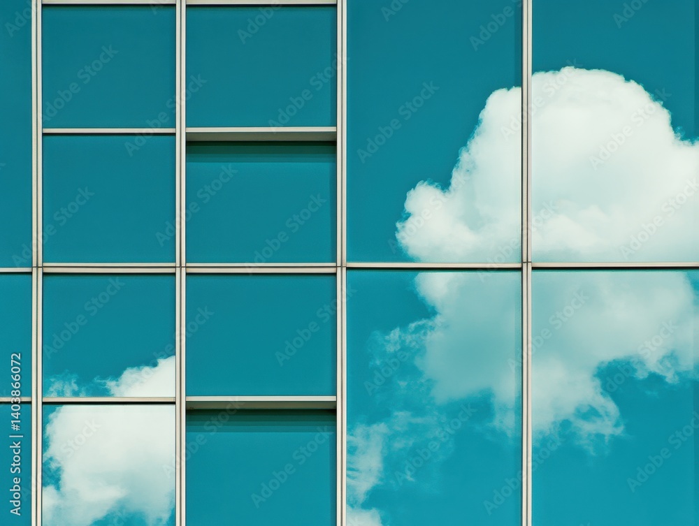 Poster sky reflection in glass building facade creating abstract pattern of blue and white cloudscape