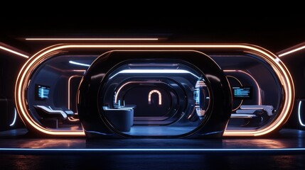 Futuristic interior design features curved lighting and modern furnishings