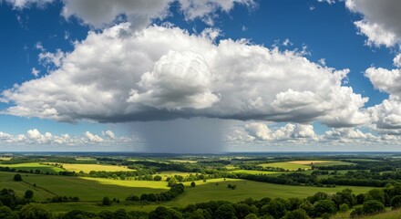 Obraz premium Summer Rain Over Rolling Hills - A panoramic view of a vast green landscape under a dramatic summer sky with a large rain cloud showering one section