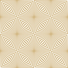 Gold and white vector geometric seamless pattern. Optical illusion effect. Abstract texture with broken lines, stripes, burst, chevron. Trendy op art background. Golden repeat design for decor, print