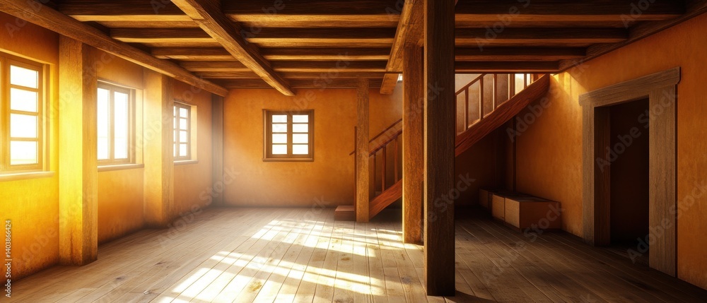 Poster rustic wooden interior with sunlight streaming through windows creating a warm and inviting atmosphe