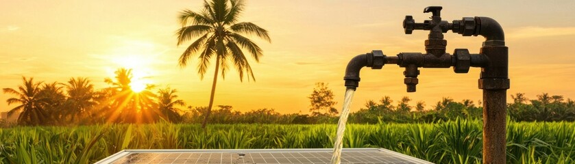 A flowing tap delivers water to an agricultural field during sunset