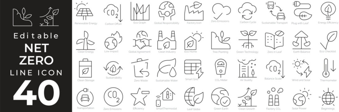 Net-zero and sustainable development icon set in line style. Features eco-friendly symbols for environmental protection, solar energy, carbon footprint, green energy, action. Editable stroke.