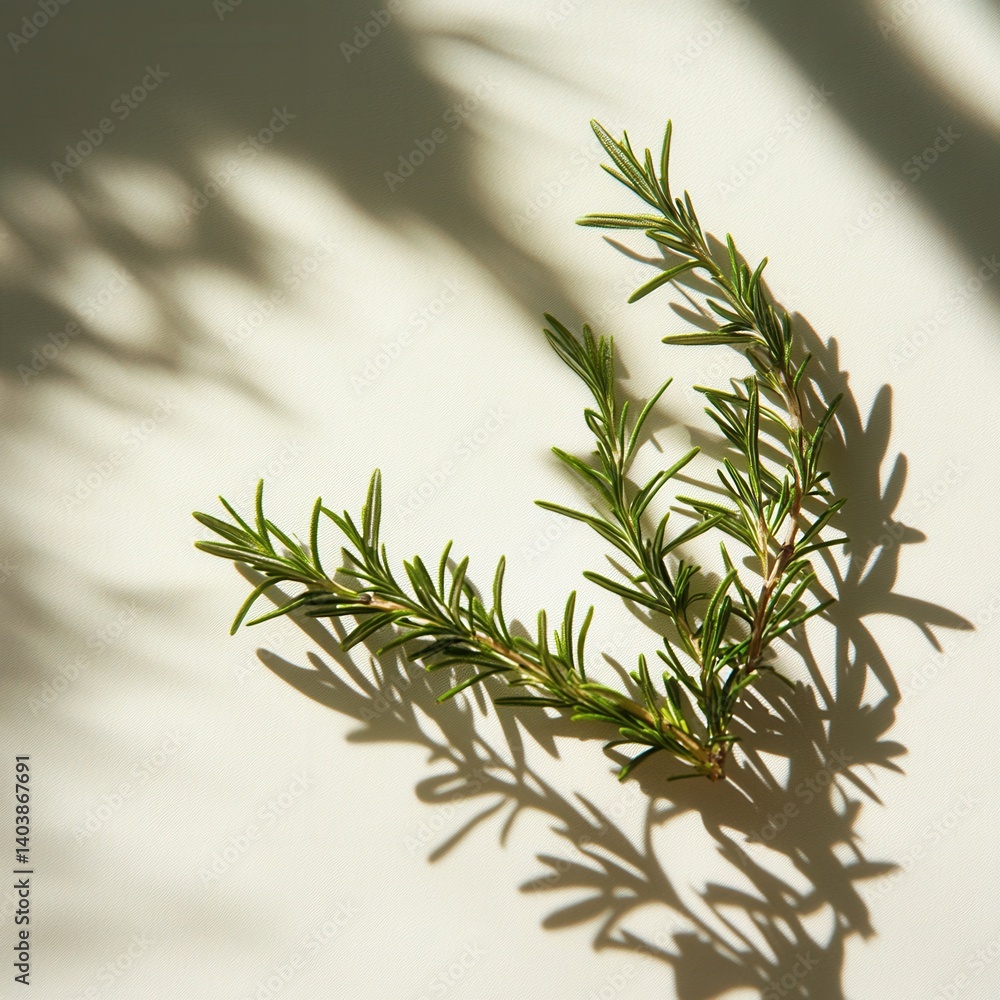 Poster delicate rosemary sprig casting a soft shadow on a bright surface creating a minimalist and natural 