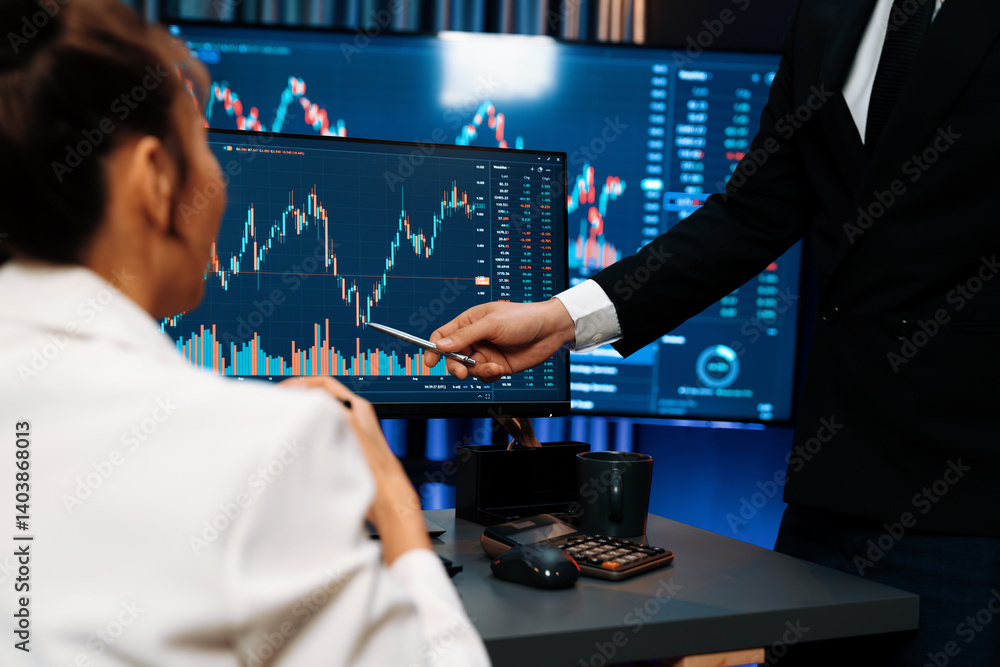 Poster smiling asian business traders pointing to dynamic stock exchange data screen profit value online we