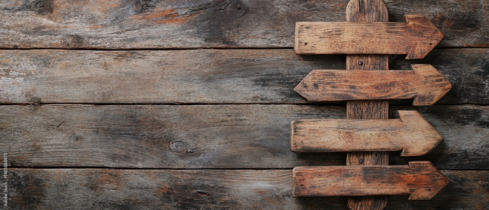 Poster rustic directional arrows on weathered wood background guiding the way forward with natural texture 