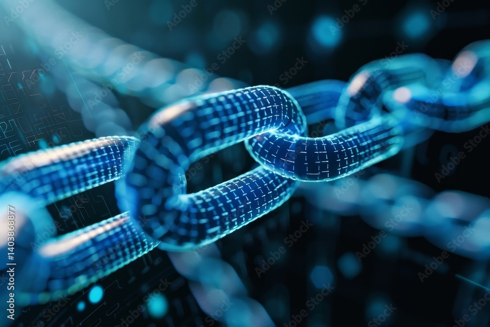 Poster a close-up image depicting a digital chain representing blockchain technology, an abstract represent