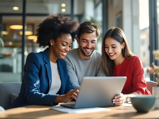 Diverse team in a modern office discussing a project around a laptop. Perfect for corporate, teamwork, and innovation themes create with ai