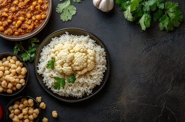 Bengali food chutney, top view on dark background with copy space for text, rice with vegetables and rice