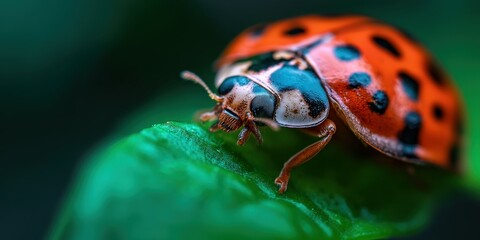 Naklejka premium Colorful ladybug resting on green leaf in nature