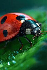 Fototapeta premium Vibrant ladybug exploring a dewy green leaf