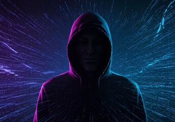 Man with hoodie, coding background, cyber concept. Hacker in dark digital space with matrix code for internet security, futuristic technology for cryptocurrency and data breach for banner.